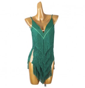 Dark Green Navy fringe latin dance dresses for women girls salsa rumba chacha dance costumes modern dance outfits